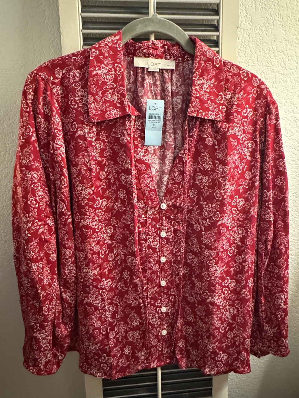 LOFT Petite Red Floral Button Front Blouse MP Soft Cottagecore NEW w Tags Fall